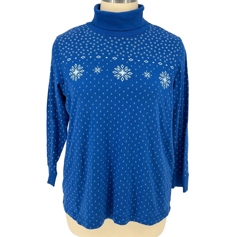 Woman Within Turtleneck Top Cobalt Blue Snowflake Print 100% Cotton 1X